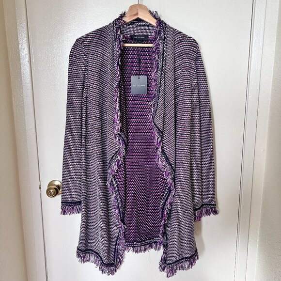 NWT St. John Fiore Knit Coat Open Waterfall Fringe Wool Blend Cardigan Purple M